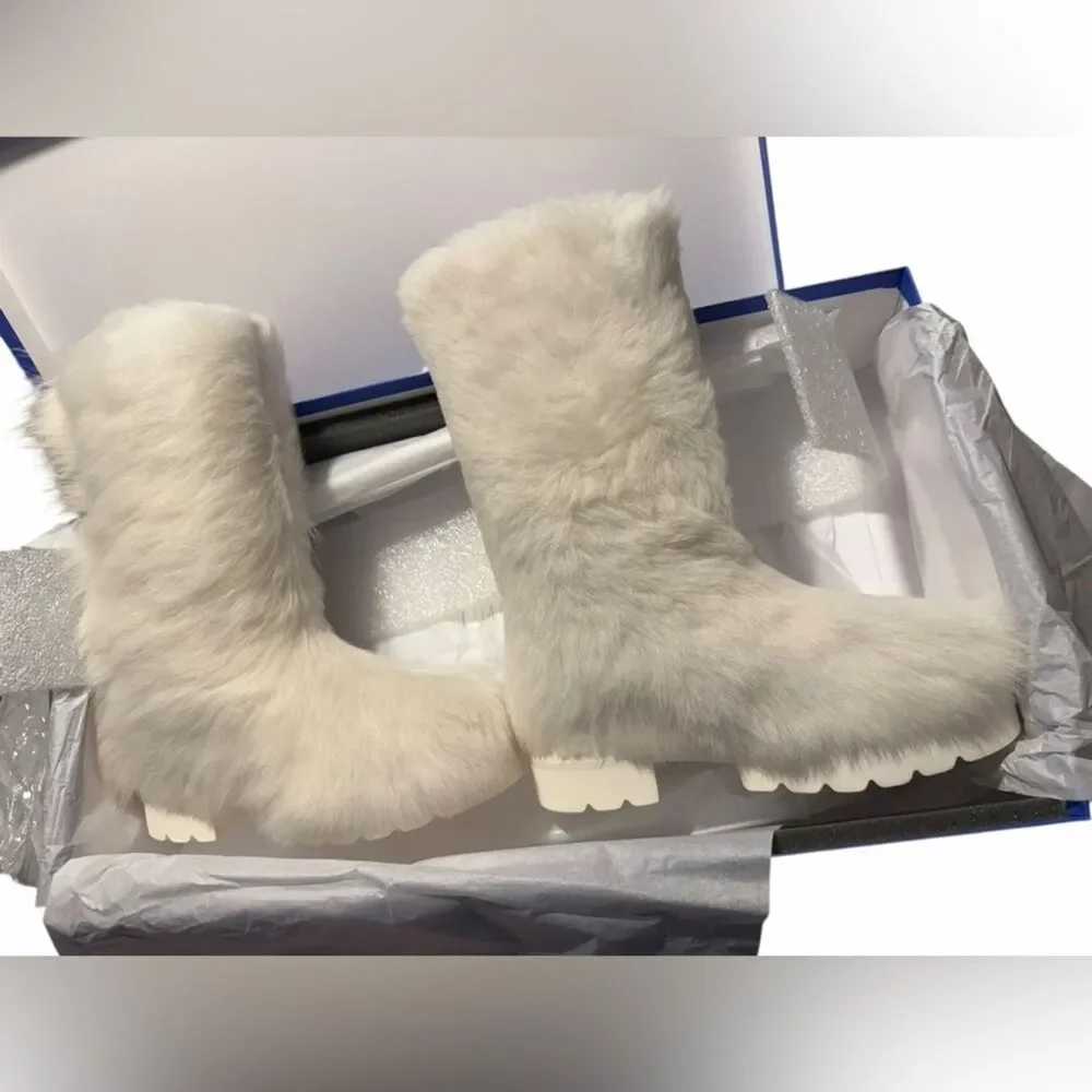 NEW STUART WEITZMAN White Lamb Shearling Mid Boots New Box Dust Bag US 6.5 37